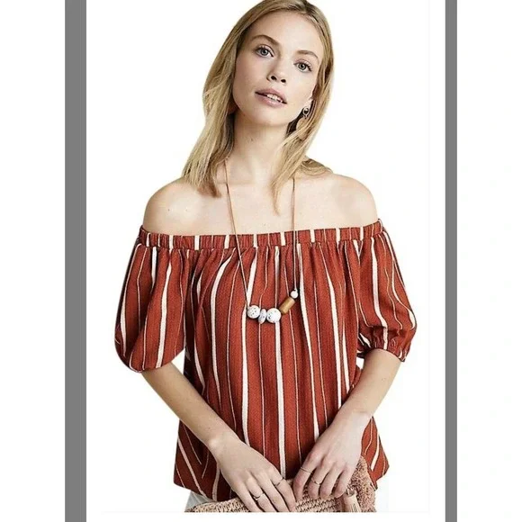 Anthropologie Womens Off The Shoulder Top Rust & White Stripe Elastic Neckline S - Picture 3 of 9